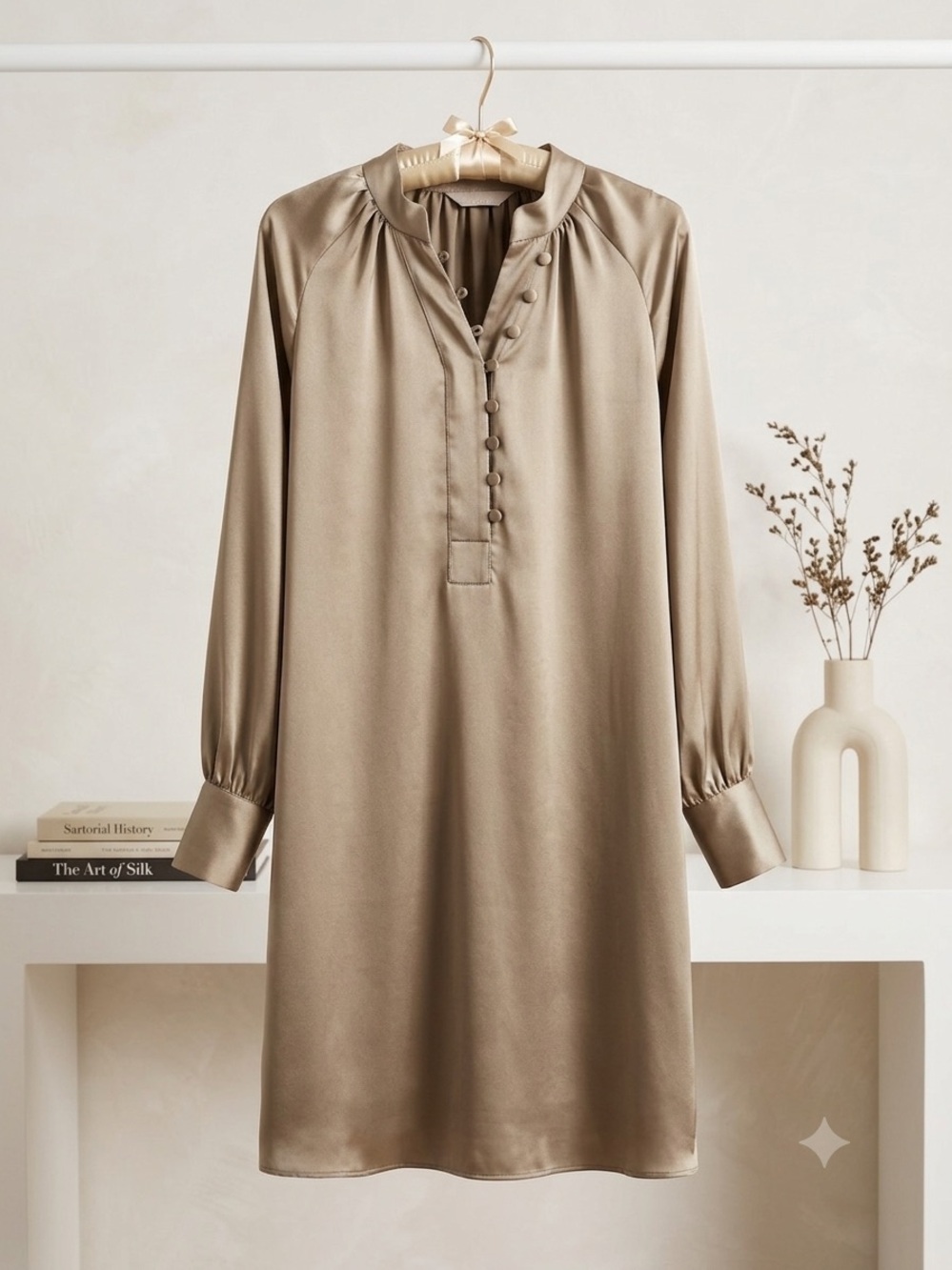 H&M Satin Long Sleeve Shift Dress in Taupe
